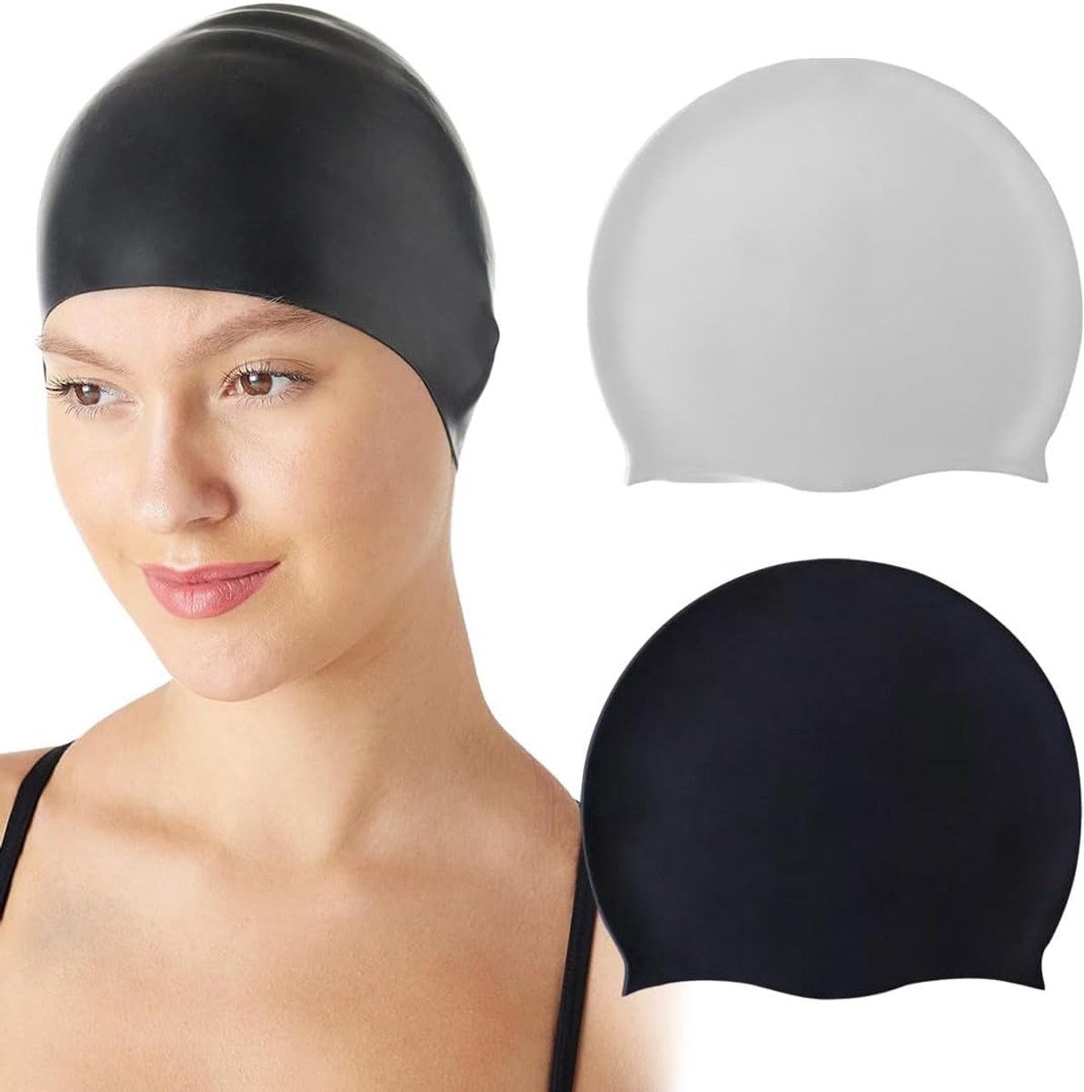 2 pieces - swimming cap - 23*20 cm - silicone swimming caps - hearing protection - waterproof swimming hat - keep dry for long and short hair - unisex swimming caps - for adults, children and juniors - black and white - Image 1