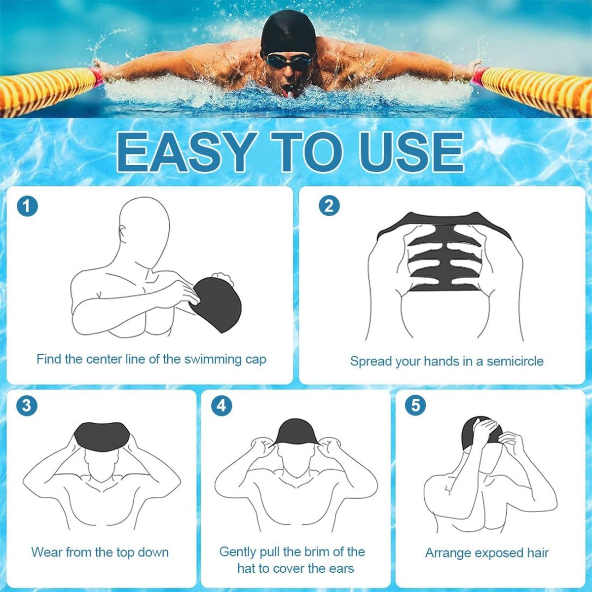 2 pieces - swimming cap - 23*20 cm - silicone swimming caps - hearing protection - waterproof swimming hat - keep dry for long and short hair - unisex swimming caps - for adults, children and juniors - black and white - Image 2