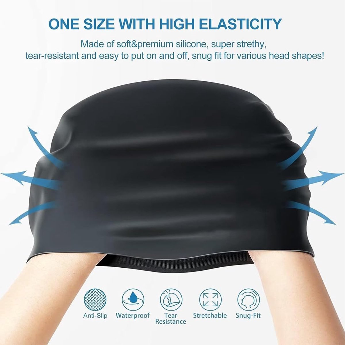 2 pieces - swimming cap - 23*20 cm - silicone swimming caps - hearing protection - waterproof swimming hat - keep dry for long and short hair - unisex swimming caps - for adults, children and juniors - black and white - Image 5