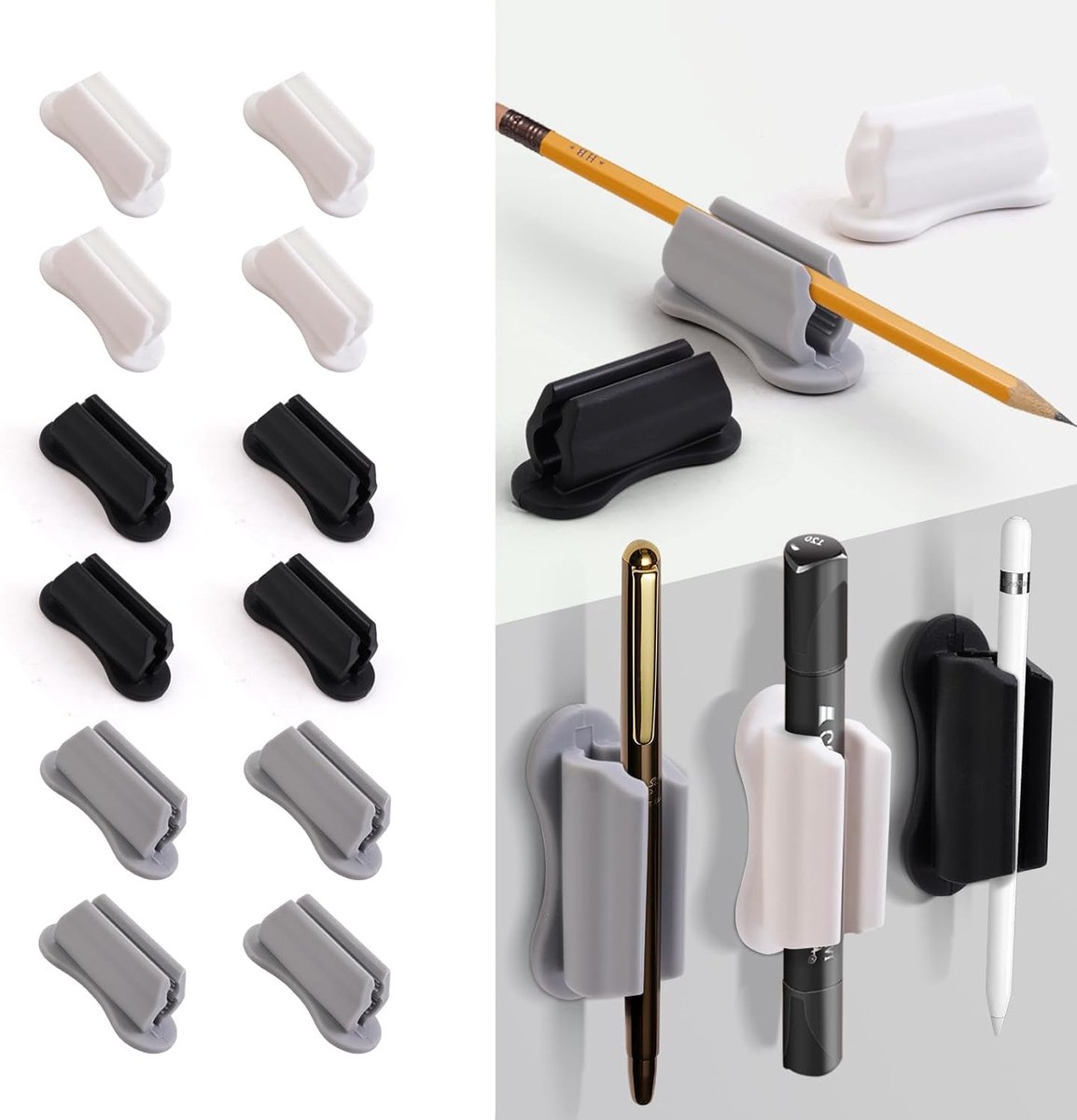12 pieces - pen holder - pen holder for desk - self-adhesive silicone pen holder - for clipboard mounting in classroom - highlighter holder - pencil holder - for desk, classroom, office accessories - black, white and grey - 2*4.7 cm - Image 1
