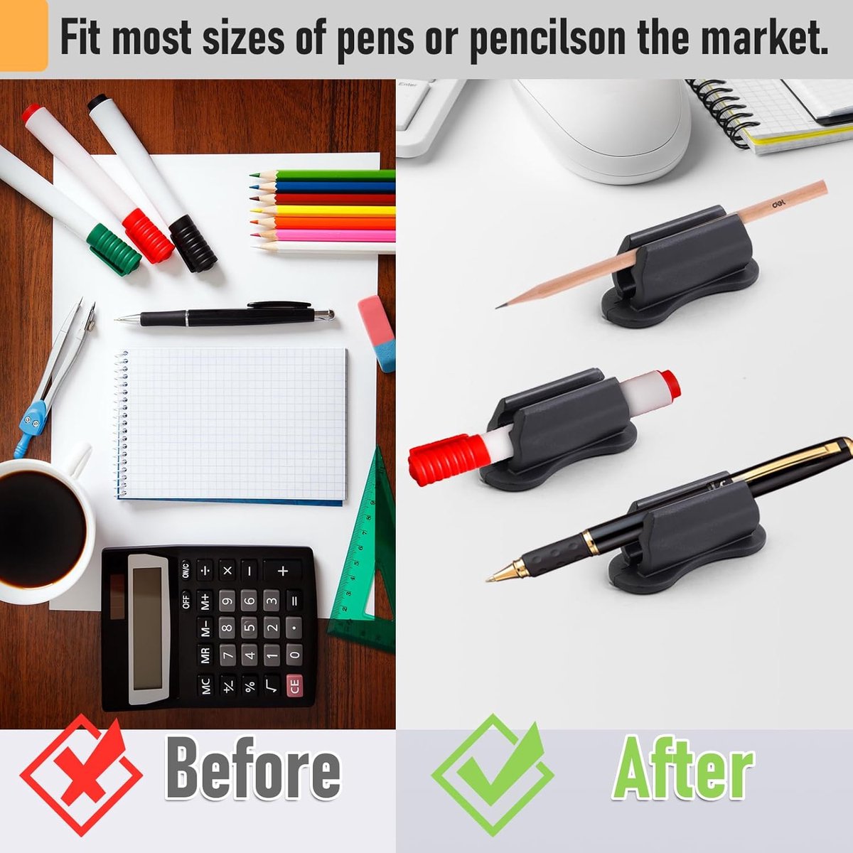 12 pieces - pen holder - pen holder for desk - self-adhesive silicone pen holder - for clipboard mounting in classroom - highlighter holder - pencil holder - for desk, classroom, office accessories - black, white and grey - 2*4.7 cm - Image 2