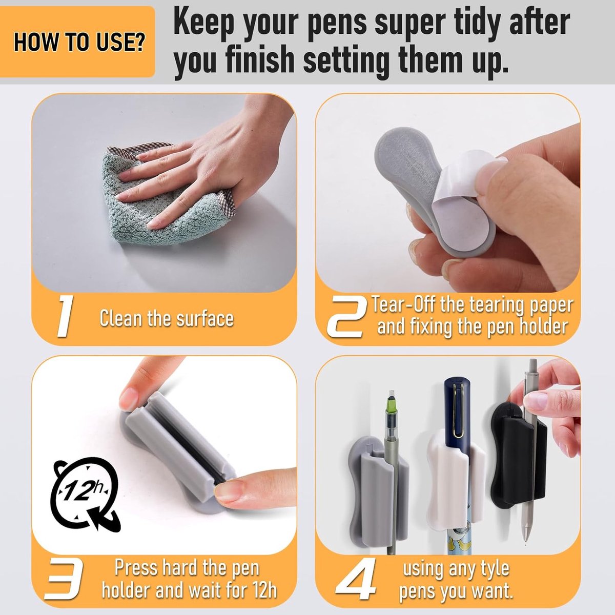 12 pieces - pen holder - pen holder for desk - self-adhesive silicone pen holder - for clipboard mounting in classroom - highlighter holder - pencil holder - for desk, classroom, office accessories - black, white and grey - 2*4.7 cm - Image 3