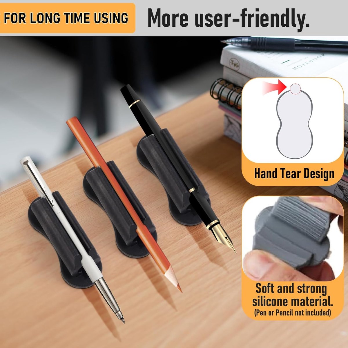 12 pieces - pen holder - pen holder for desk - self-adhesive silicone pen holder - for clipboard mounting in classroom - highlighter holder - pencil holder - for desk, classroom, office accessories - black, white and grey - 2*4.7 cm - Image 4