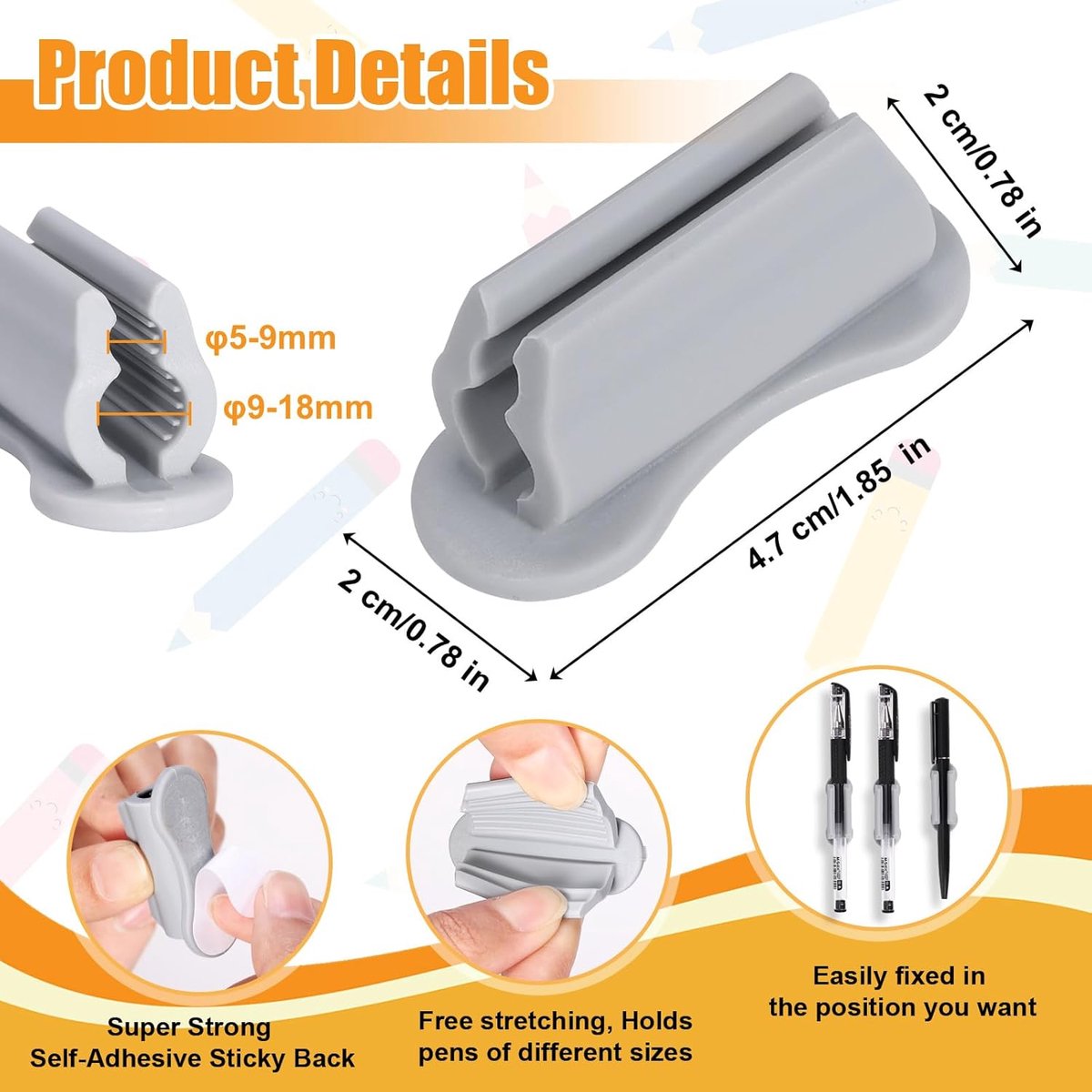 12 pieces - pen holder - pen holder for desk - self-adhesive silicone pen holder - for clipboard mounting in classroom - highlighter holder - pencil holder - for desk, classroom, office accessories - black, white and grey - 2*4.7 cm - Image 5