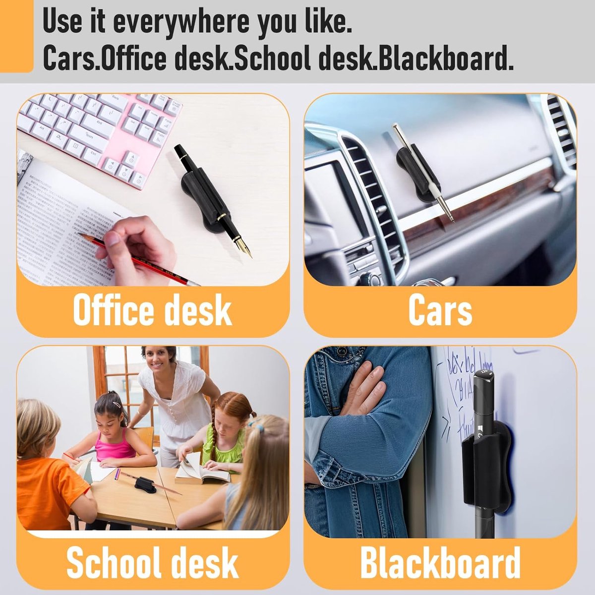 12 pieces - pen holder - pen holder for desk - self-adhesive silicone pen holder - for clipboard mounting in classroom - highlighter holder - pencil holder - for desk, classroom, office accessories - black, white and grey - 2*4.7 cm - Image 6