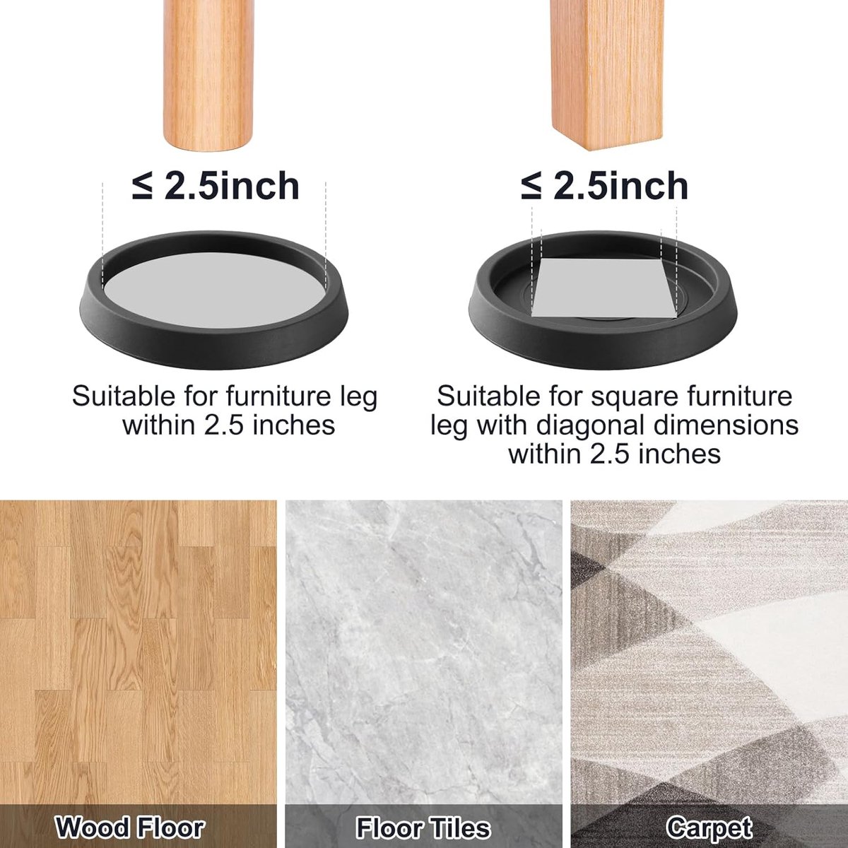 8 pieces - Furniture mats - 76*76*9 mm - 6.3 cm round furniture mat - anti-slip furniture protectors - rubber furniture protectors - for hardwood floors - floor protectors - for beds, cabinets, sofas, chairs and tables - black - Image 2