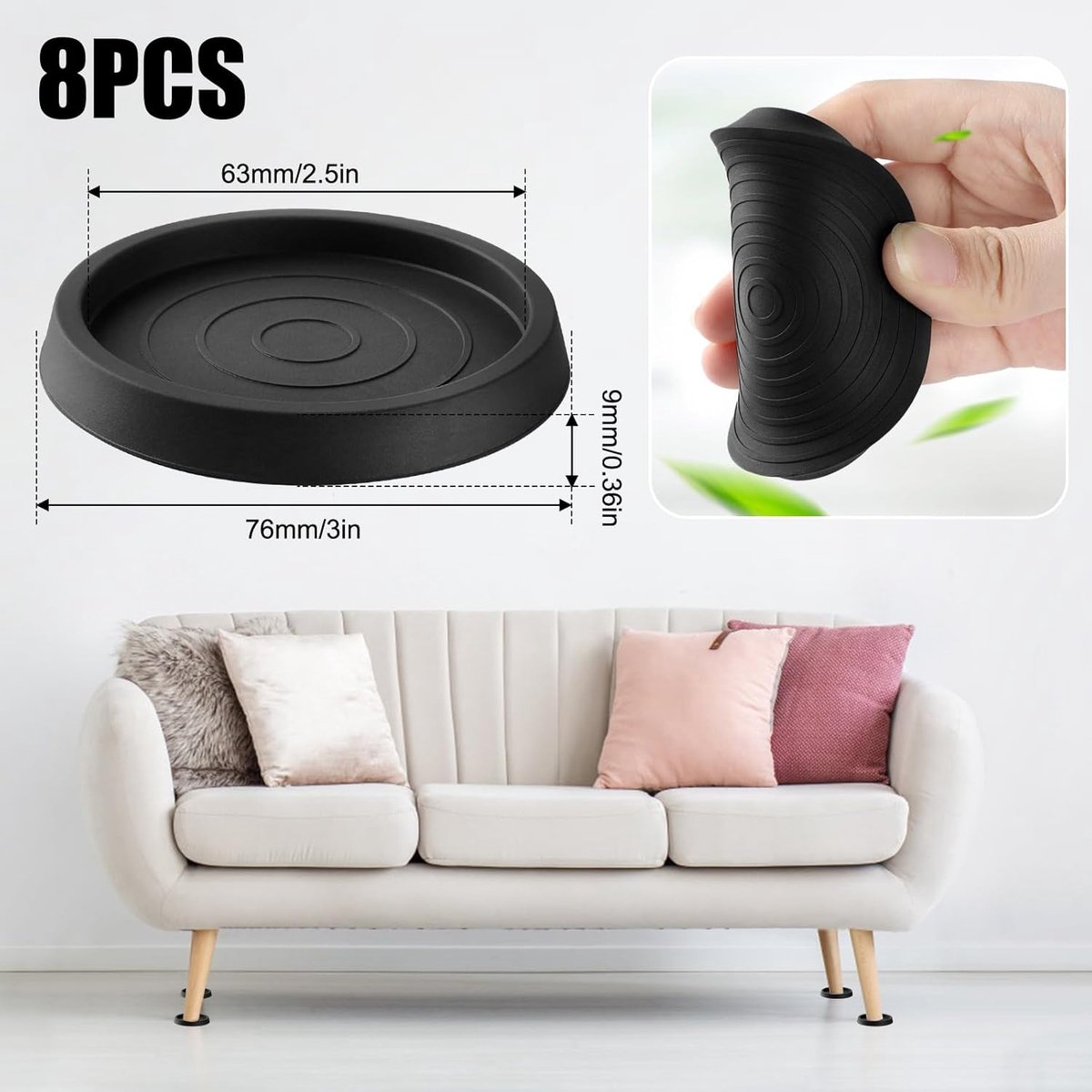 8 pieces - Furniture mats - 76*76*9 mm - 6.3 cm round furniture mat - anti-slip furniture protectors - rubber furniture protectors - for hardwood floors - floor protectors - for beds, cabinets, sofas, chairs and tables - black - Image 5