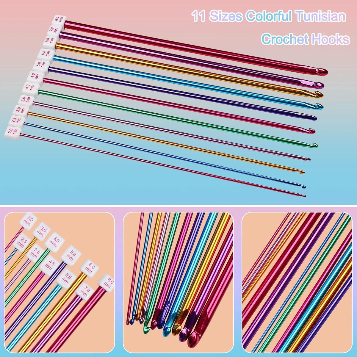 11 knitting needles - Tunisian crochet hook set - multicolored aluminium Tunisian crochet hooks - Tunisian Crochet - knitting needle set - Knitting needle set for crochet enthusiasts and beginners - 2mm to 8mm - Image 2
