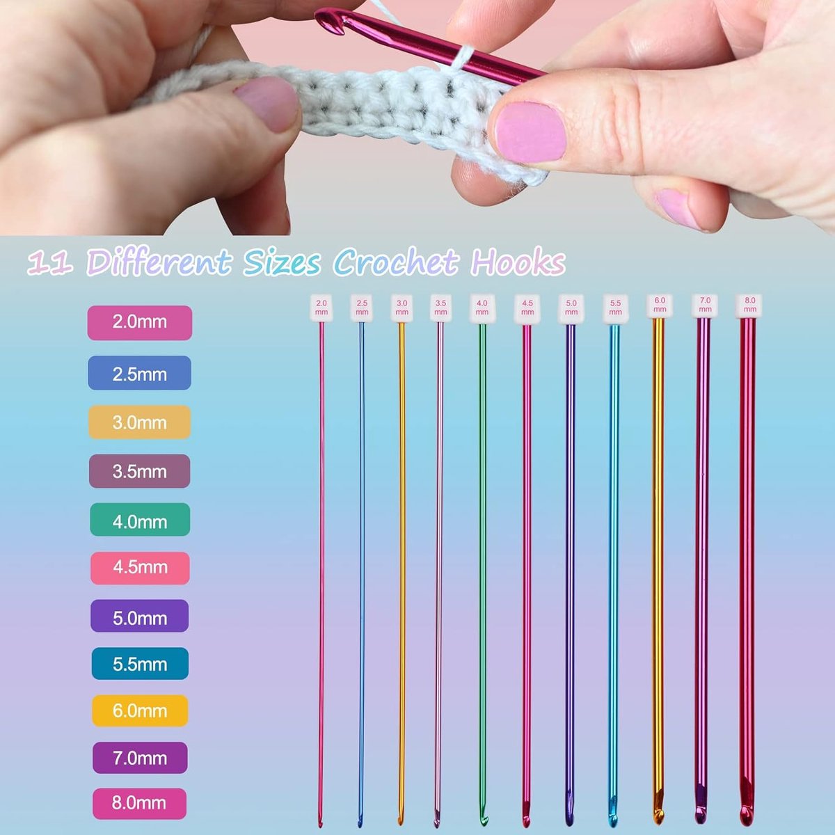 11 knitting needles - Tunisian crochet hook set - multicolored aluminium Tunisian crochet hooks - Tunisian Crochet - knitting needle set - Knitting needle set for crochet enthusiasts and beginners - 2mm to 8mm - Image 5