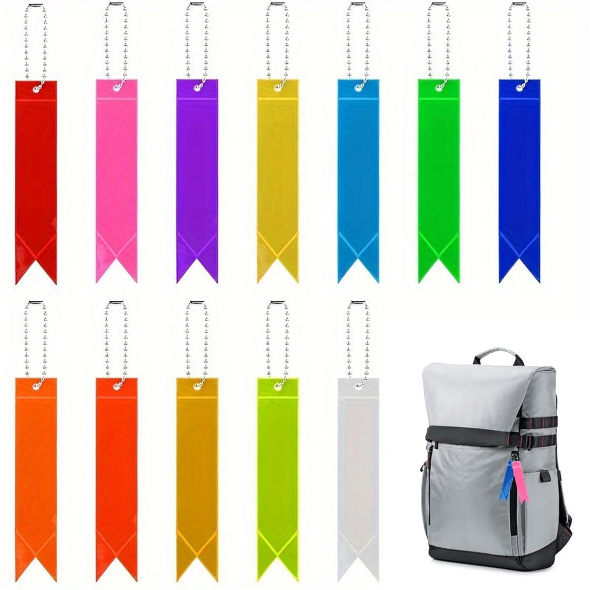 12 pieces - Reflective hangers - Reflective strips - Backpack hangers - children's school bag hanger - keychain - safety warning hanger - suitable for cycling, walking and running - 15 cm - Image 1