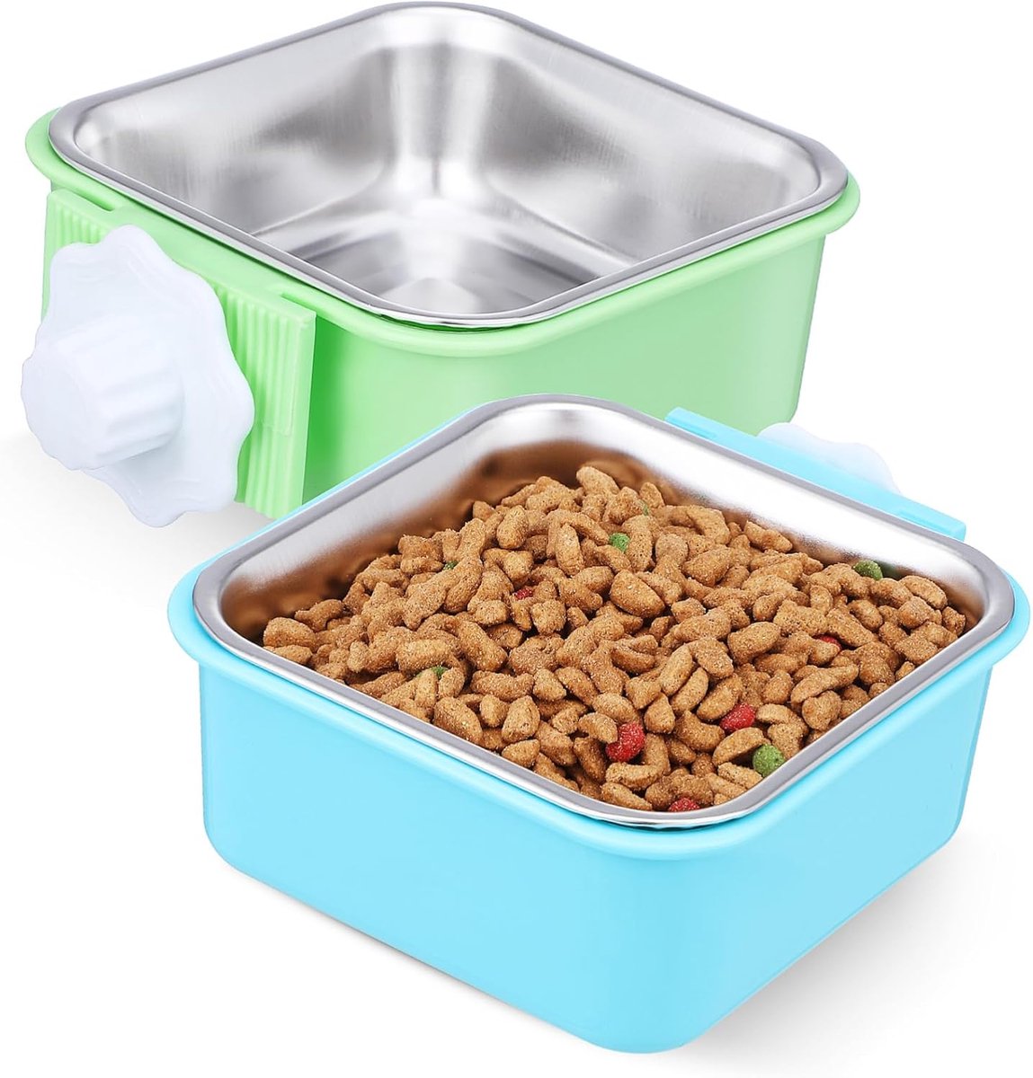 2 pieces - Hanging pet cage feeder - Pet feeder - 2-in-1 water bowl - adjustable - removable - double stainless steel design - for dog, puppy, cat, rabbit, guinea pig, hedgehog, bird - green and blue - Image 1