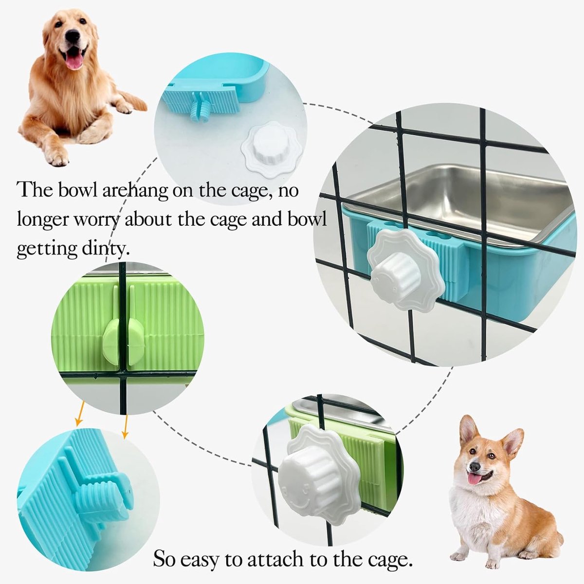 2 pieces - Hanging pet cage feeder - Pet feeder - 2-in-1 water bowl - adjustable - removable - double stainless steel design - for dog, puppy, cat, rabbit, guinea pig, hedgehog, bird - green and blue - Image 3