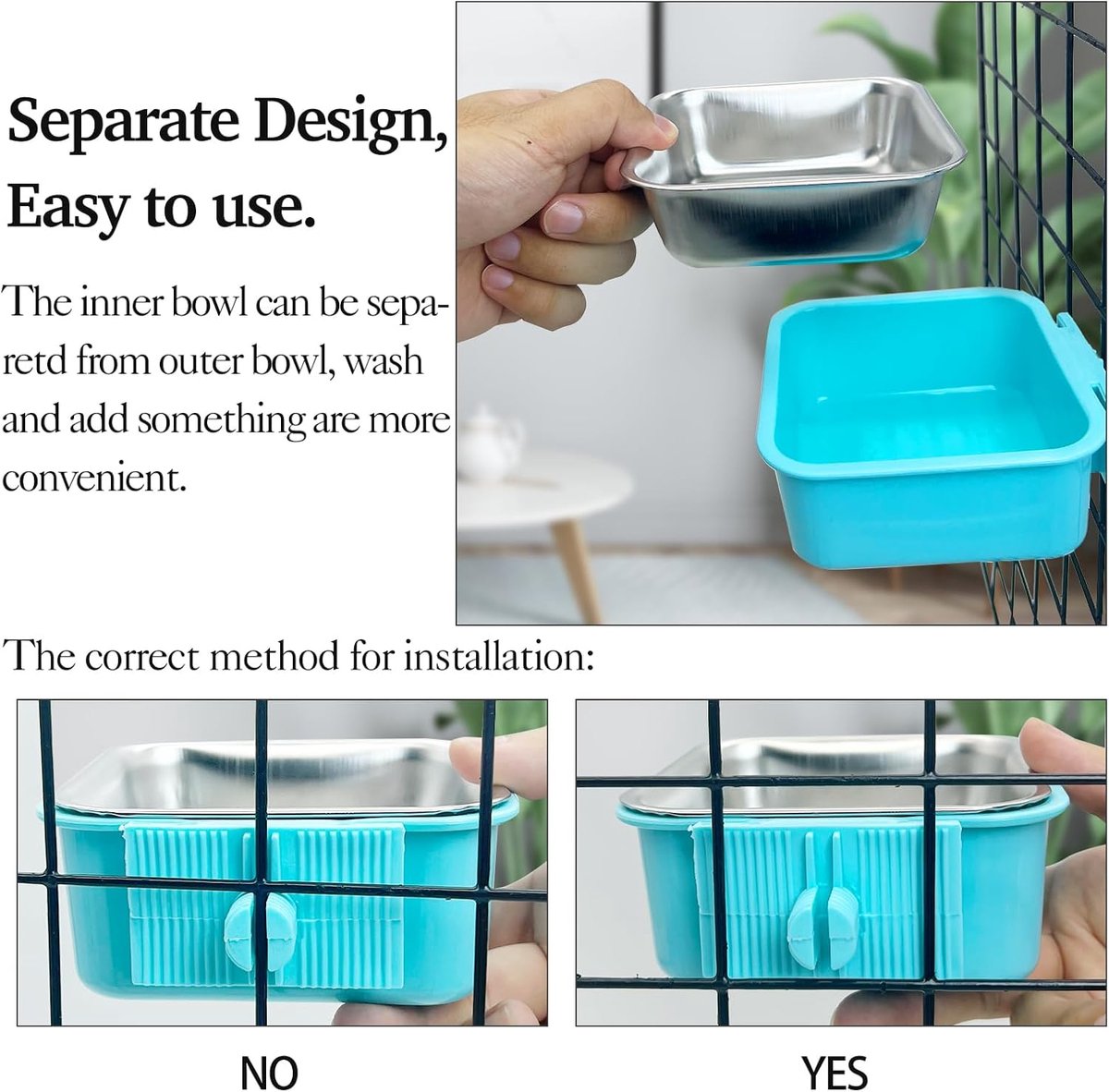 2 pieces - Hanging pet cage feeder - Pet feeder - 2-in-1 water bowl - adjustable - removable - double stainless steel design - for dog, puppy, cat, rabbit, guinea pig, hedgehog, bird - green and blue - Image 4