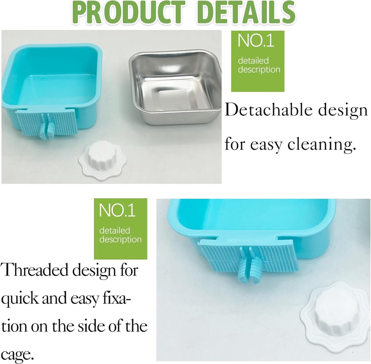 2 pieces - Hanging pet cage feeder - Pet feeder - 2-in-1 water bowl - adjustable - removable - double stainless steel design - for dog, puppy, cat, rabbit, guinea pig, hedgehog, bird - green and blue - Image 5