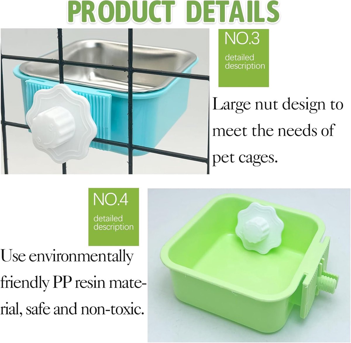 2 pieces - Hanging pet cage feeder - Pet feeder - 2-in-1 water bowl - adjustable - removable - double stainless steel design - for dog, puppy, cat, rabbit, guinea pig, hedgehog, bird - green and blue - Image 6