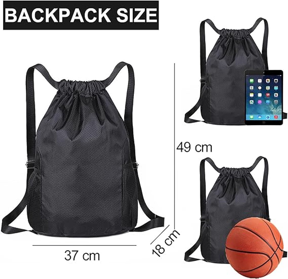 47*38*18cm - Drawstring bag - Drawstring backpack - large unisex sports backpack - with drawstring - gym bag - with two side pockets - backpack - sports bag - waterproof Oxford fabric backpack - waterproof travel bag - for beach, school, yoga, travel, out - Image 2