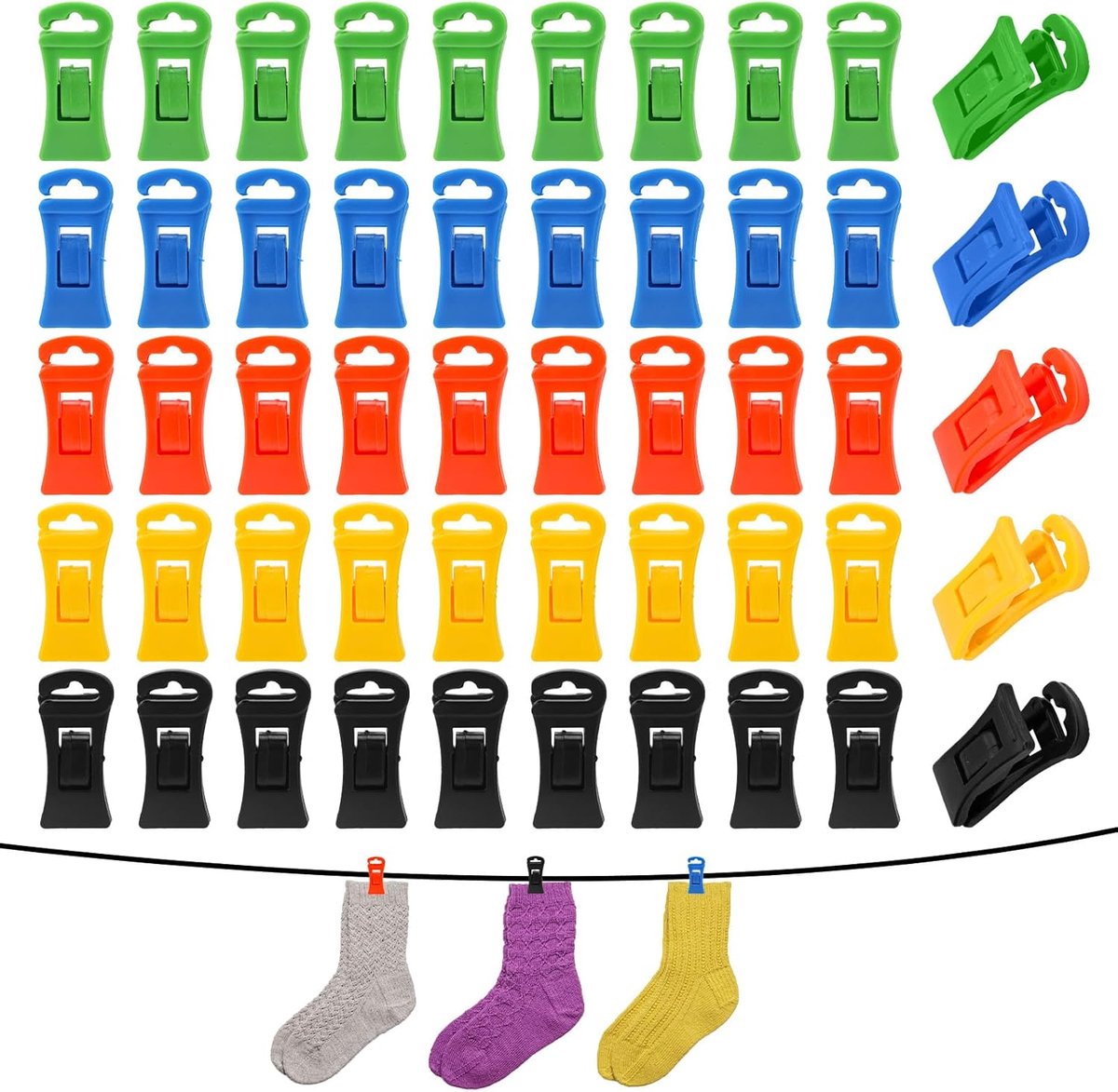 Sock dryer - 50 pieces - Sock clips - Pegs - Colorful sock clips - Plastic sock clamps - Anti-loss drying rack - Sock drying rack - Sock drying rack - Drying carousel - 5 colors - Image 1
