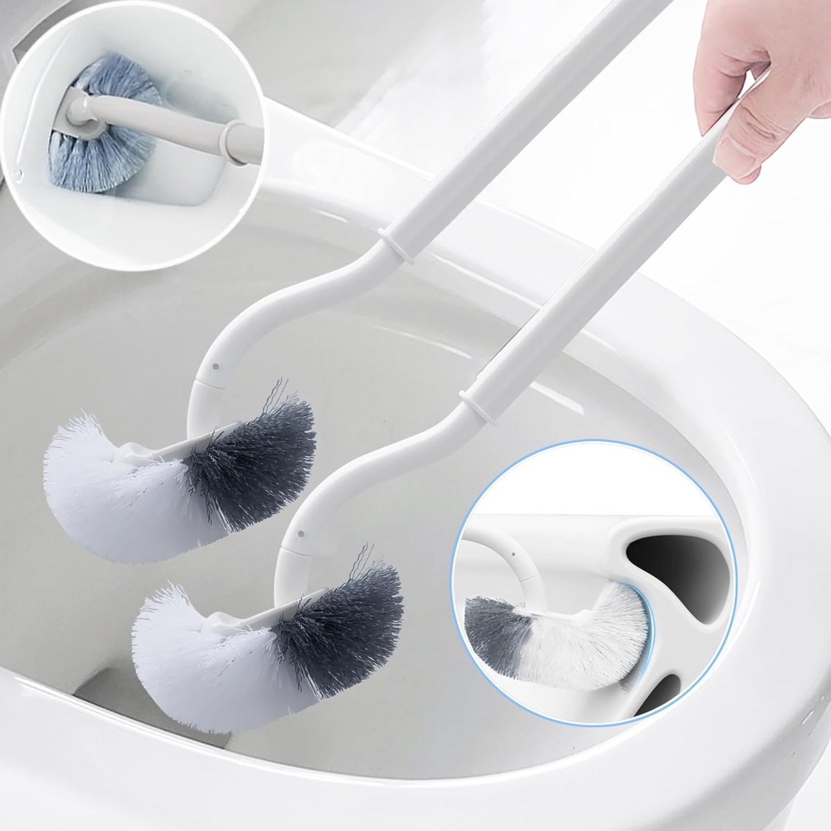 Toilet brush - 2 pieces - Toilet brush - Curved toilet brush - Toilet brush - With handle - Long handle - Universal - for deep cleaning, long plastic handle and flexible bristles - White - Image 1