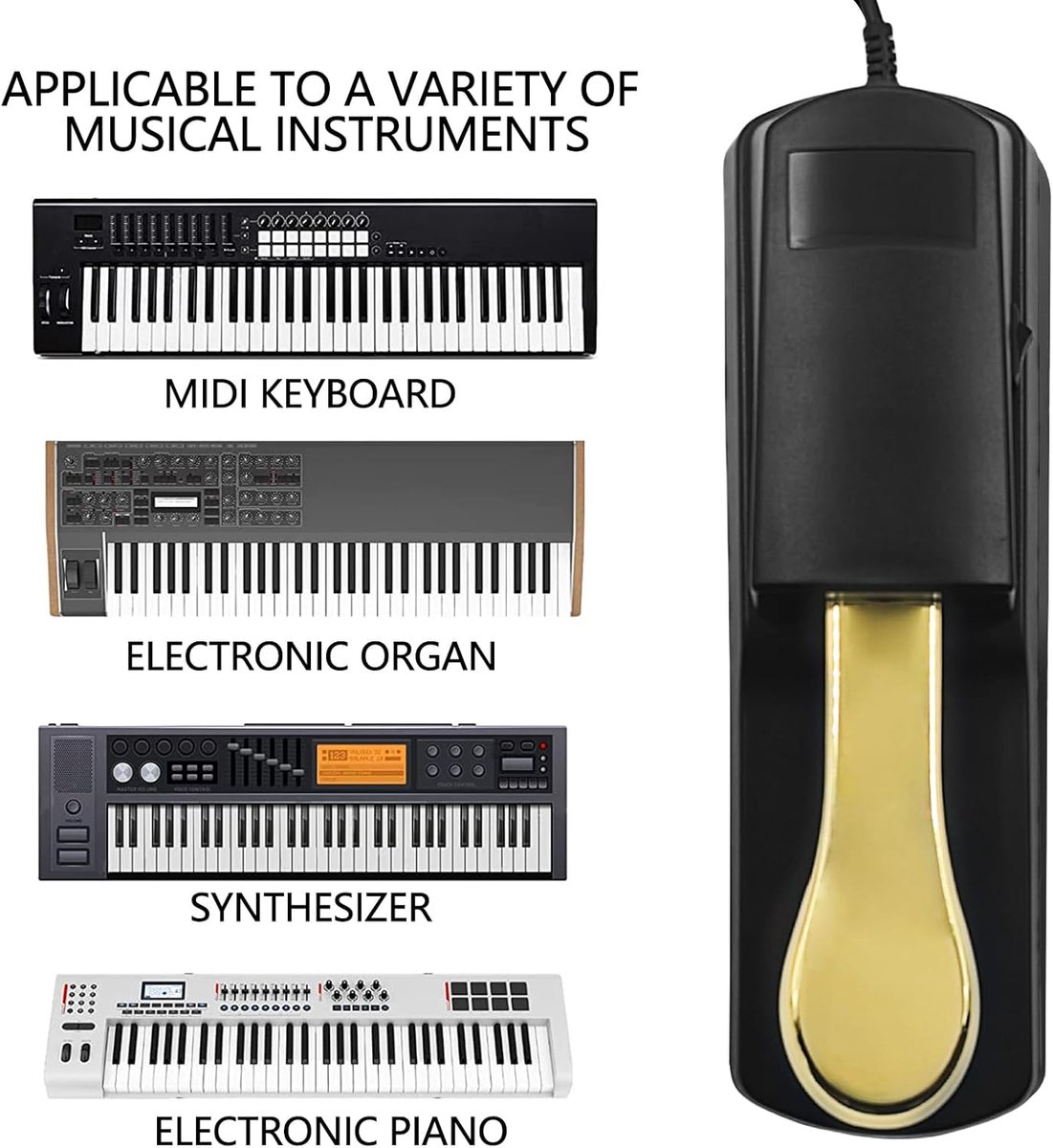 Universal sustain pedal for keyboard - Sustain pedal - universal piano foot pedal - for Boston sustain pedal for piano or keyboard - 1/4'' (6.35 mm) input plug - for digital piano/MIDI electronic keyboard and synthesizer - Gold - Image 4