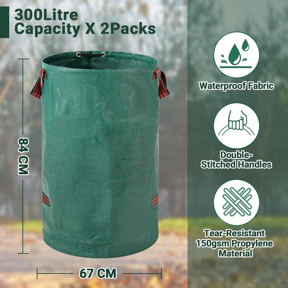 Heavy-duty garden waste bags - 300L - 67*67*84cm - 2 pieces - Reusable garden waste bags with handles - Industrial fabric - For leaf waste - Waterproof garden waste bags - Waterproof PP woven bags - Garden leaf bags - L - Image 6