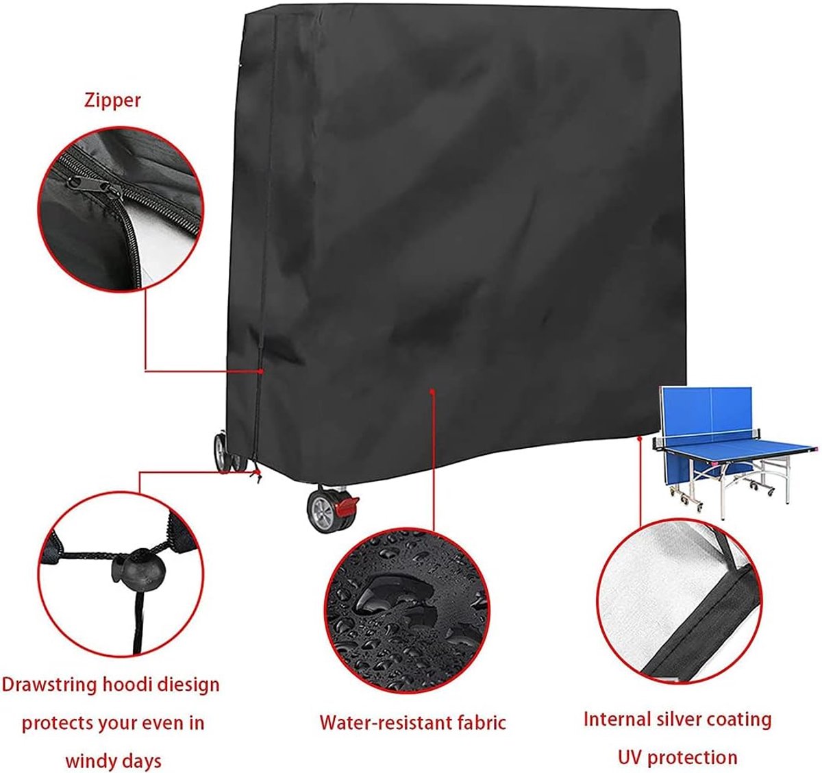 210D Waterproof Table Tennis Table Cover - Table Tennis Table Cover - Waterproof, windproof and UV-resistant - Dustproof - Table Tennis Table Protector - Protective Cover - Foldable Table Tennis Table Cover for Indoor and Outdoor Use - Black - 165×70×185c - Image 2