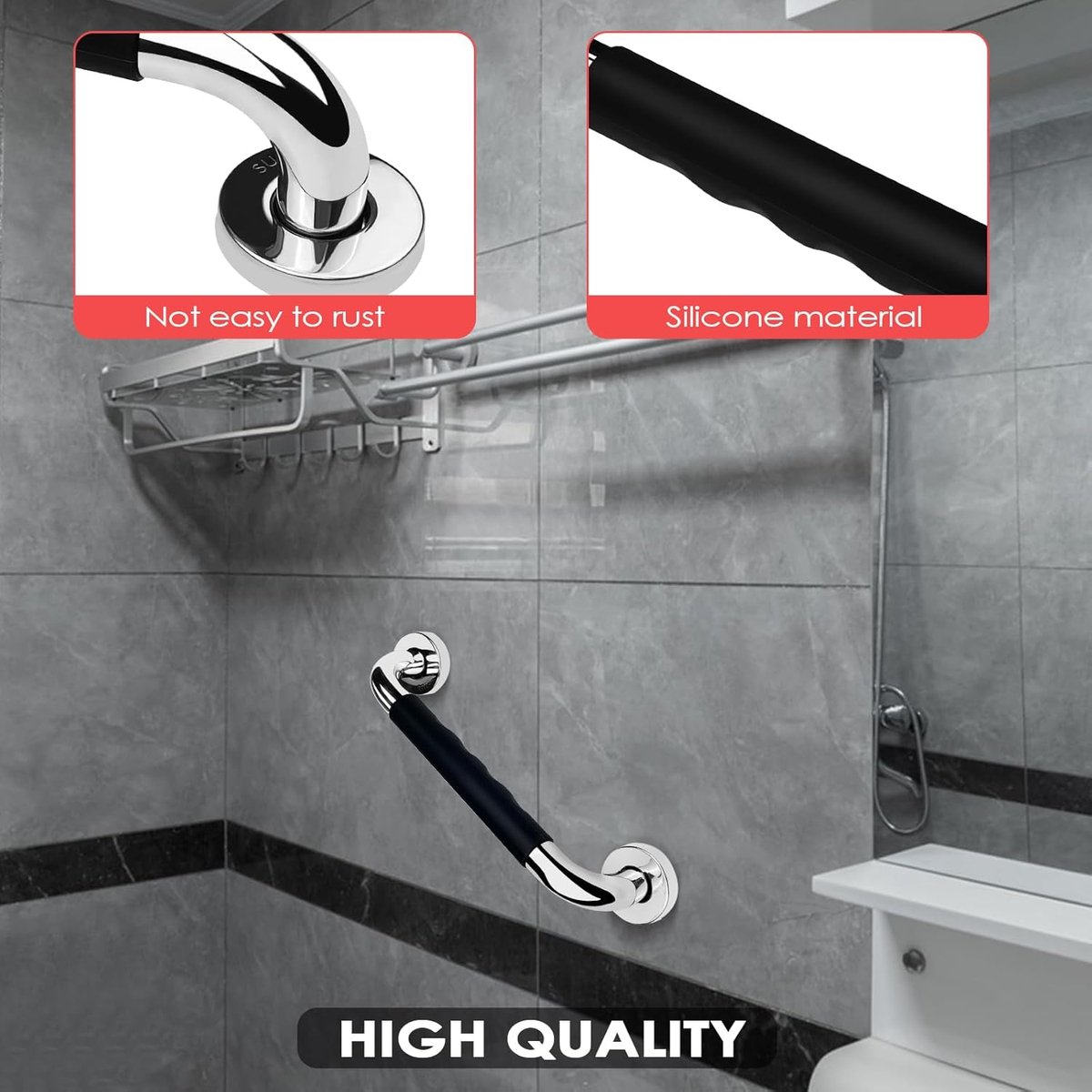 2 Pieces Toilet Grab Bars - 30 cm - Wall Grab Bar - Non-Slip Bathroom Grab Bars - Shower Grab Bars - Non-Slip Grab Bar - Toilet Grab Bar - Bathroom Grab Bars - Extra Grip - Stainless Steel Grab Bar for Shower - Shower Grab Bar - for the Elderly/Disabled/C - Image 2