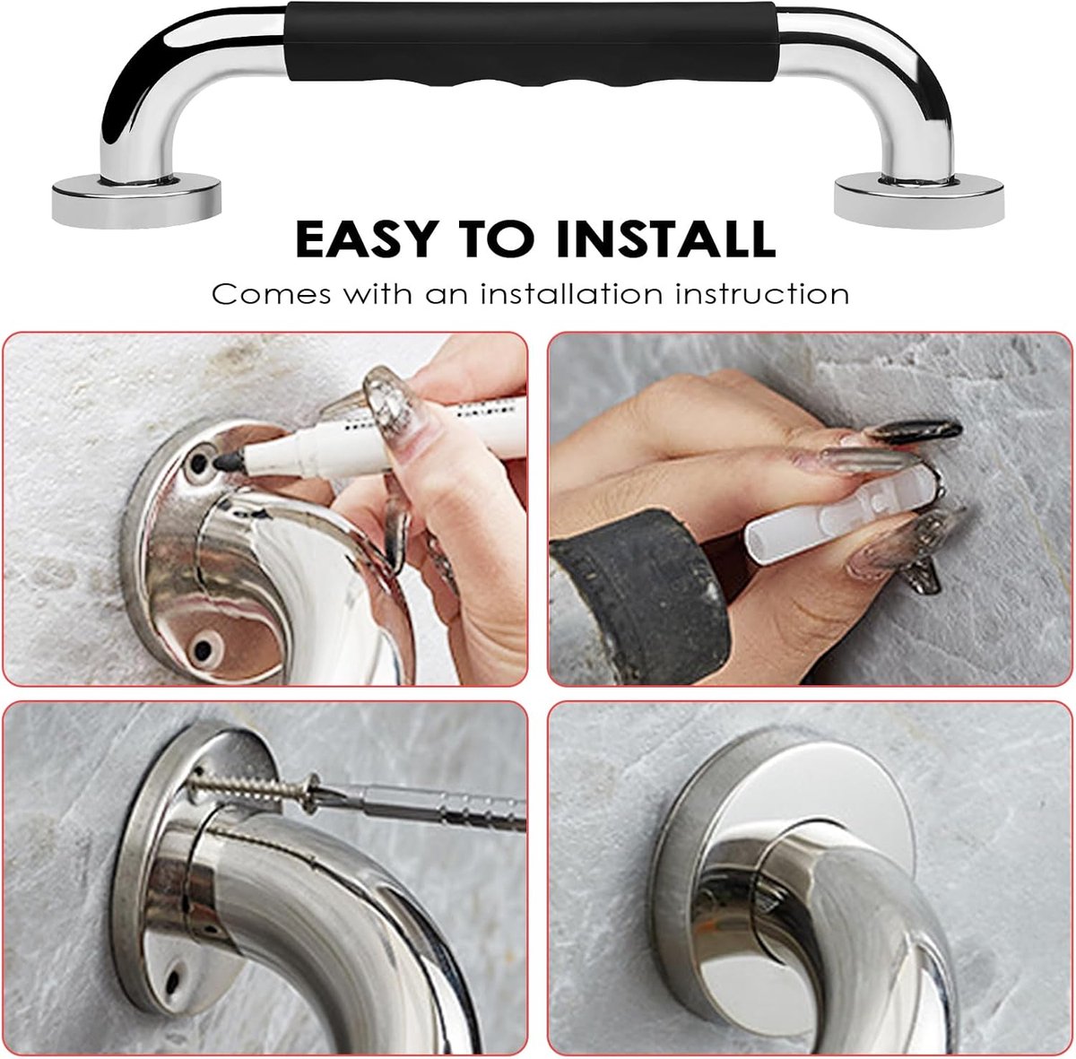 2 Pieces Toilet Grab Bars - 30 cm - Wall Grab Bar - Non-Slip Bathroom Grab Bars - Shower Grab Bars - Non-Slip Grab Bar - Toilet Grab Bar - Bathroom Grab Bars - Extra Grip - Stainless Steel Grab Bar for Shower - Shower Grab Bar - for the Elderly/Disabled/C - Image 4