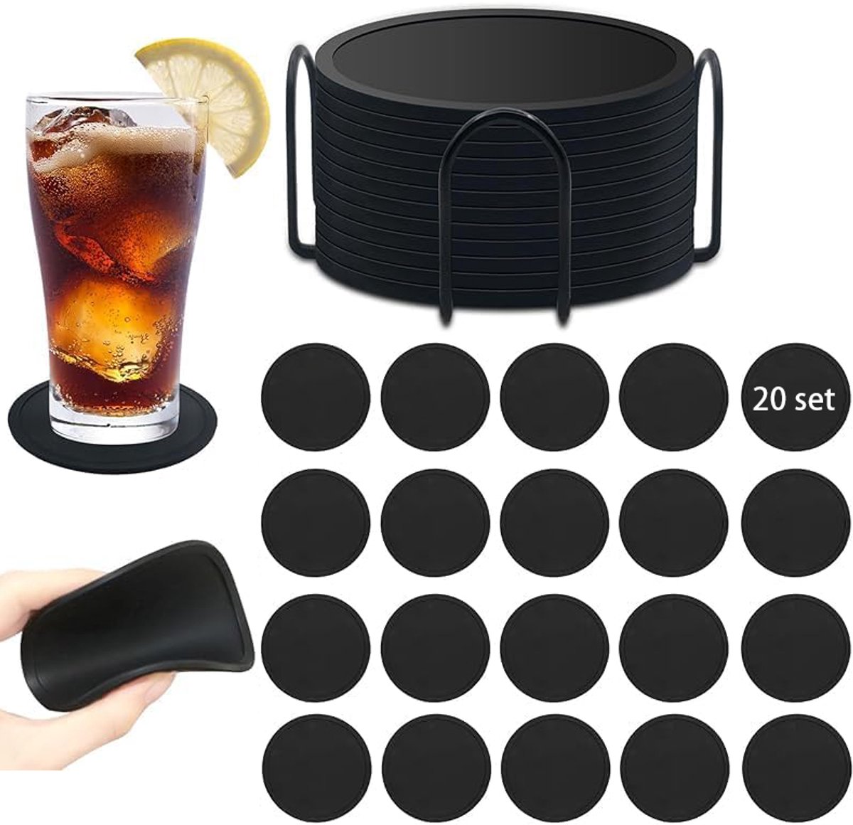 Silicone Coasters with Holder - Set of 20 - Coasters for Glasses - Coaster Set - Non-Slip Black Round Coasters - Insulated Coasters - Absorbent and Heat Resistant - for Bars, Cups, Glasses, Gifts, Table Decorations, Vases - Image 1