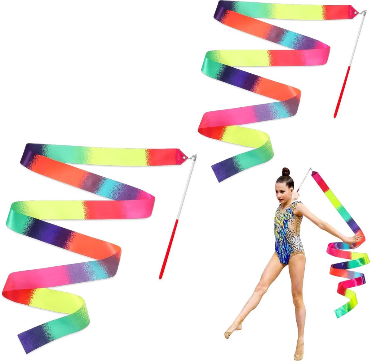 pieces - Ribbon dance sticks - 2 m - Dance rainbow streamers - 30cm long stick - ribbon dance staff - rhythmic gymnastics ribbon staff - ribbon sticks - rhythmic gymnastics ribbons - for artistic dance flags, talent shows and training equipment - gradient - Image 1
