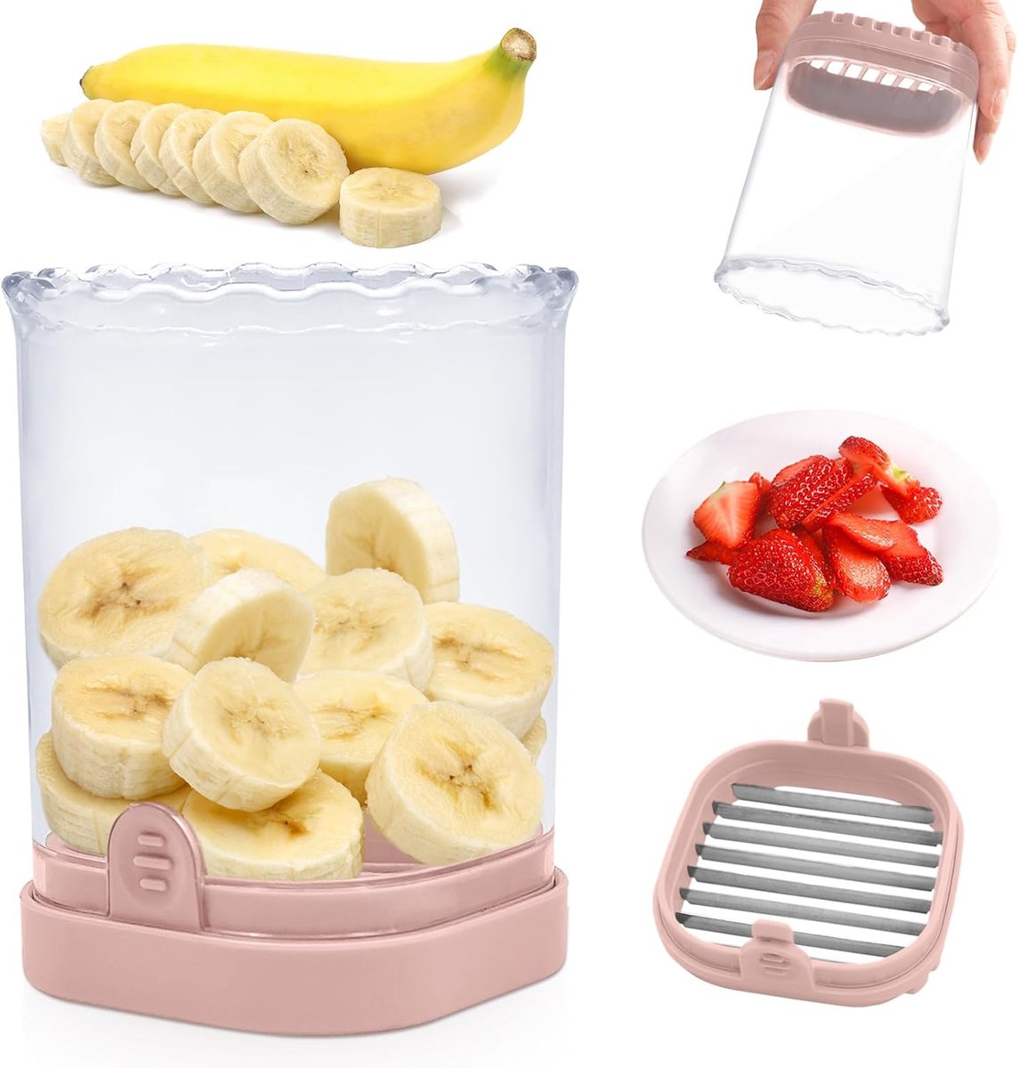 Fruit slicer - Multifunctional slicer - Fruit slicing cup - Grape slicer - strawberry slicer - fast banana, grape and egg cuber - Kitchen Tool - kitchen utensils - portable kitchen tool - Pink - Image 1