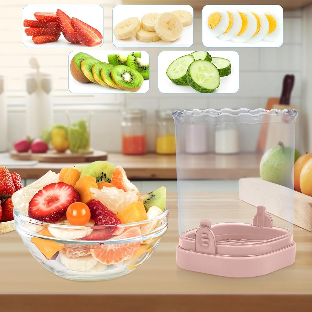 Fruit slicer - Multifunctional slicer - Fruit slicing cup - Grape slicer - strawberry slicer - fast banana, grape and egg cuber - Kitchen Tool - kitchen utensils - portable kitchen tool - Pink - Image 2