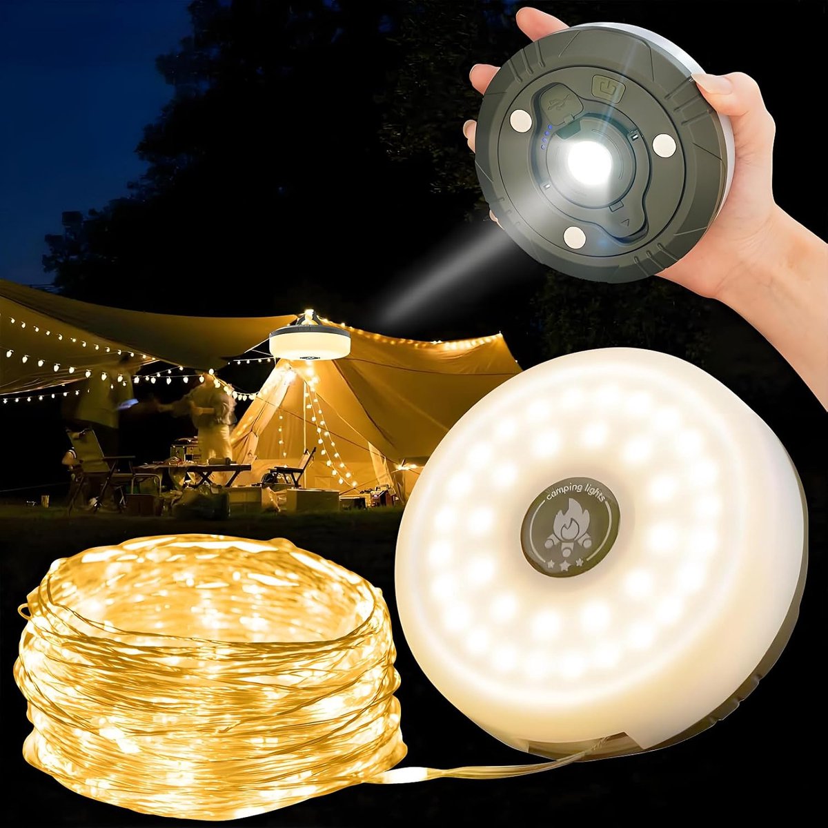 Camping string lights 10M - lights for camper - waterproof - USB rechargeable - Image 1