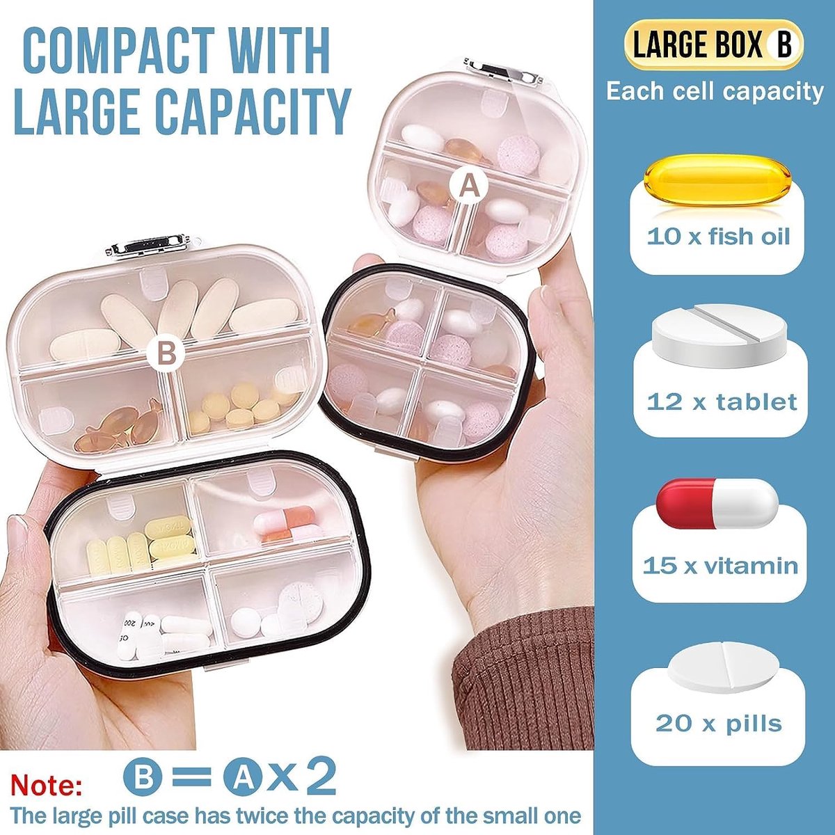 2-Piece 7-Day Pill Box - travel medicine boxes - 7-day medicine box - Medicine box with sturdy closure - Pill box - waterproof - for pills, storage, sorting and more - Pill boxes with 7 compartments - Portable - Large+Small - Image 3