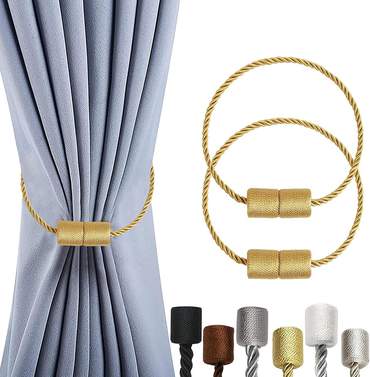 2 Pieces Magnetic Curtain Ties - Curtain Tieback Hook - Curtain Fasteners - Curtain Tieback - Magnetic Curtain Cord - Curtain Ties - Curtain Holders - Thickened Steel Cable - Gold - Image 1