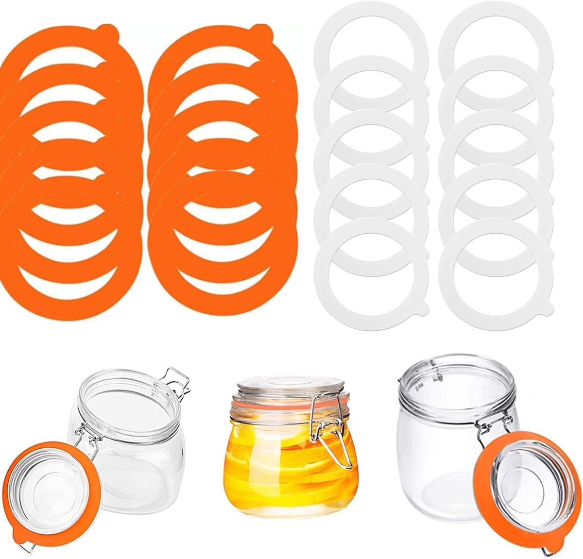 20 pieces - Sealing gasket - 95*70 mm - Silicone gaskets for jars - Replacement silicone rubber gaskets - replacement silicone rings - for sealing jars - for glass jar lids, food preservation - orange and white - Image 1