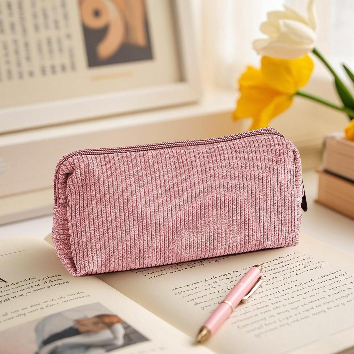 Pencil Case - Pencil Case - Pen Case - Storage Bag - School Pencil Case - Storage Box - Corduroy Pencil Case - Makeup Bag - with Zipper - Cosmetics Organizer - for girls, boys, adults and teenagers - 20*4.5*7.5cm - Pink - Image 3