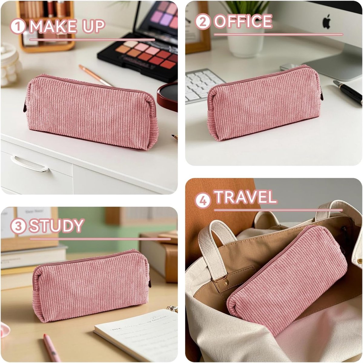 Pencil Case - Pencil Case - Pen Case - Storage Bag - School Pencil Case - Storage Box - Corduroy Pencil Case - Makeup Bag - with Zipper - Cosmetics Organizer - for girls, boys, adults and teenagers - 20*4.5*7.5cm - Pink - Image 5