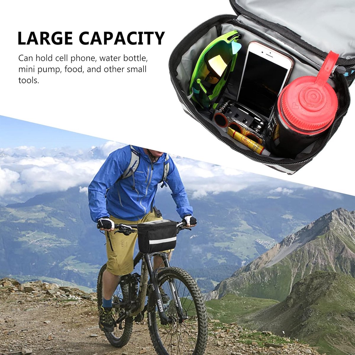Bicycle Handlebar Bag - Waterproof Handlebar Bag - Detachable Bicycle Handlebar Bag - Bicycle Travel Accessories - Phone Bike Bag - Luggage Organizer - with transparent holder for mobile phones - Bicycle Bags for Electric Bikes - Black - Image 3