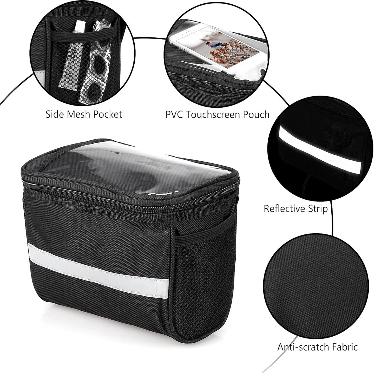 Bicycle Handlebar Bag - Waterproof Handlebar Bag - Detachable Bicycle Handlebar Bag - Bicycle Travel Accessories - Phone Bike Bag - Luggage Organizer - with transparent holder for mobile phones - Bicycle Bags for Electric Bikes - Black - Image 4