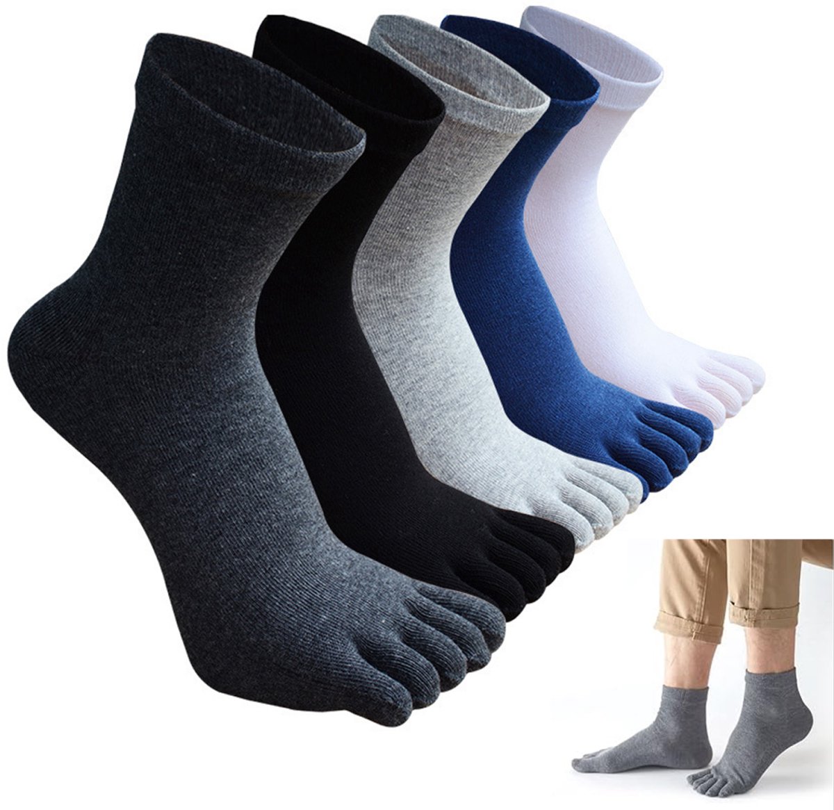 5 pairs - Toe socks - Men's 5-toe socks - detachable toe socks - five-finger socks - cotton running socks - socks - five-toe running socks - breathable running socks - black, white, light grey, dark grey, navy blue - Image 1