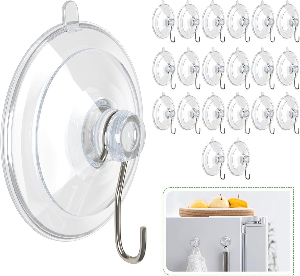 Suction Cup Hooks (20 Pieces) - Suction Cup Hooks - 1.77 Inch Clear Suction Cups - up to 3kg - with Metal Hooks - Threaded - Brute Strength - suction cup hooks - for Kitchen Bathroom Shower Wall Window Door - hanging hooks - suction cups sun protection - - Image 1