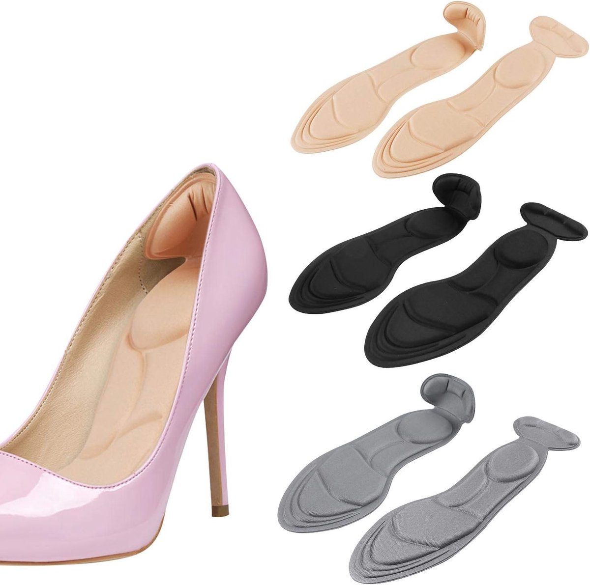 Shoe Insoles - Soft and Flexible Cushions - Heel Cushion - Anti-Friction - For high heels, loose shoes, metatarsal/arch pain, foot pain, heel pain, and bony protrusions - Heel Insoles - Women - One Size - Beige / Black / Grey - Image 1