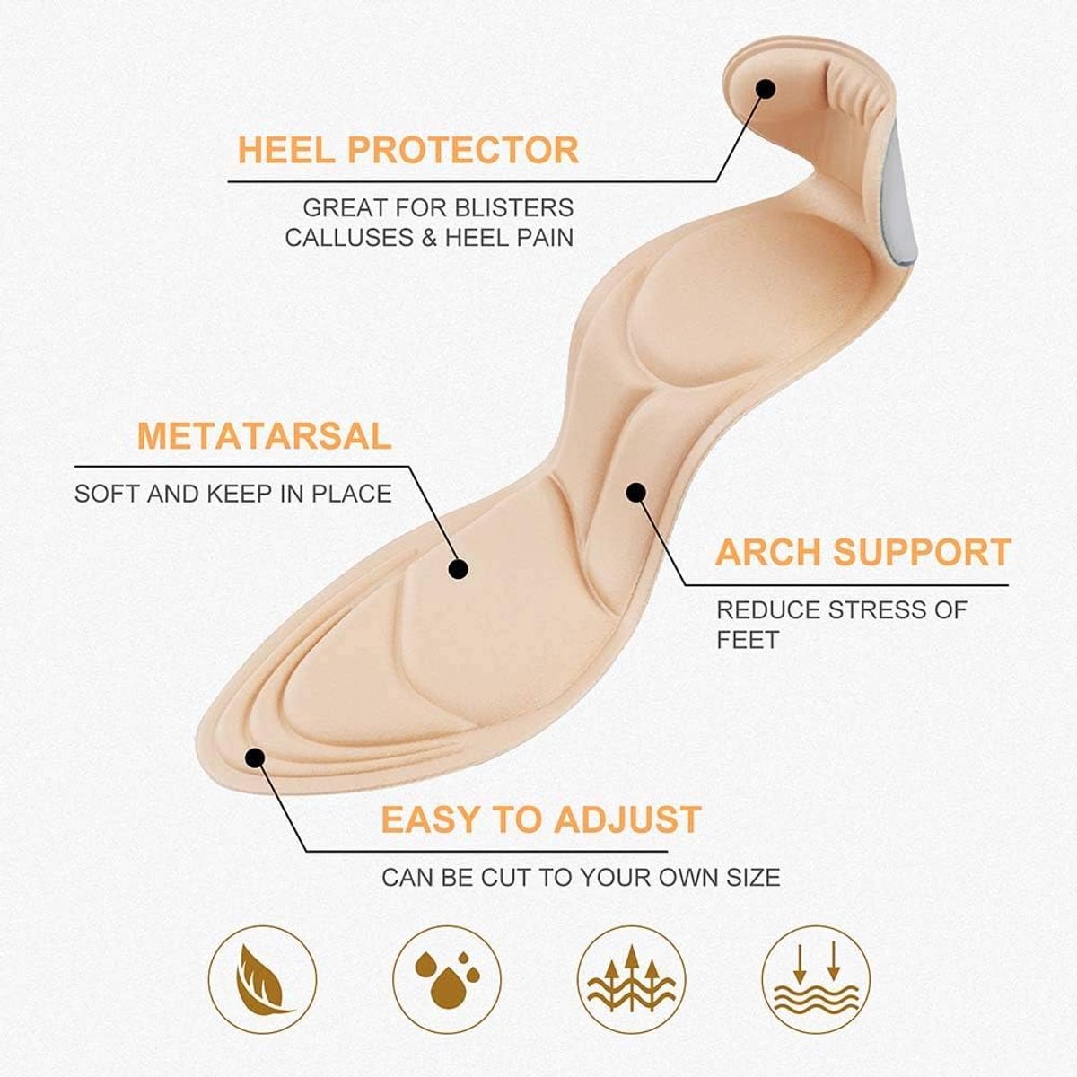 Shoe Insoles - Soft and Flexible Cushions - Heel Cushion - Anti-Friction - For high heels, loose shoes, metatarsal/arch pain, foot pain, heel pain, and bony protrusions - Heel Insoles - Women - One Size - Beige / Black / Grey - Image 4