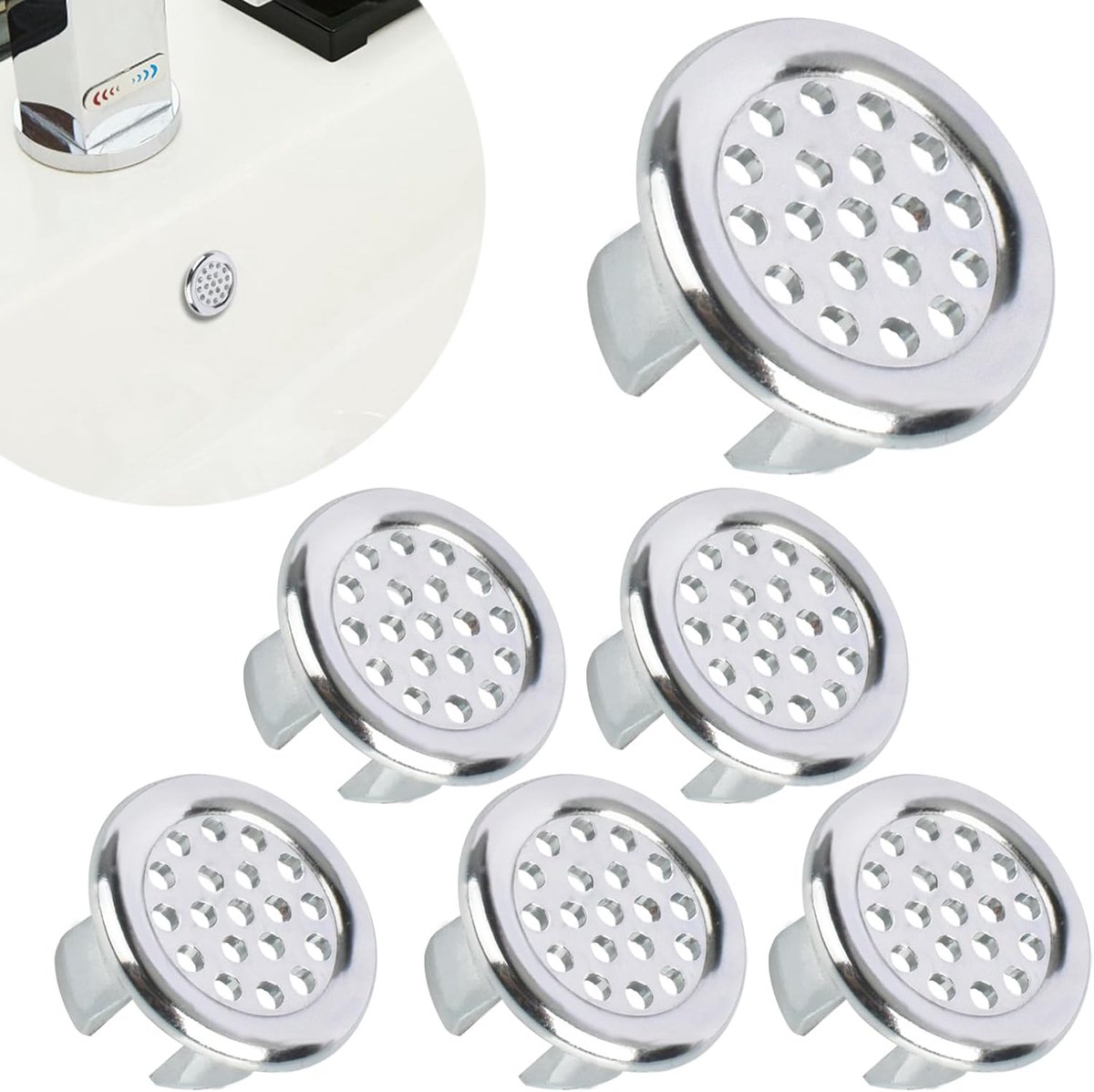 Washbasin Overflow Ring - 6 Pieces - Overflow Rings - Bathroom Overflow Ring - Sink Overflow - Drain Plug - Overflow Cover for Washbasin - Sink Overflow Ring - Round Hole Cover - Overflow Cover - For Sink, Washbasin and Kitchen - Image 1