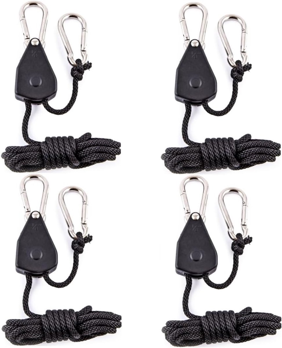 4 pieces - 2m - heavy duty rope hanger - hanger rope - adjustable - plant hanging rope - lamp hanging rope - tent canopy rope stopper buckle - tent guy lines - with pulley - outdoor accessories - for camping and hiking outdoors - black - Image 1