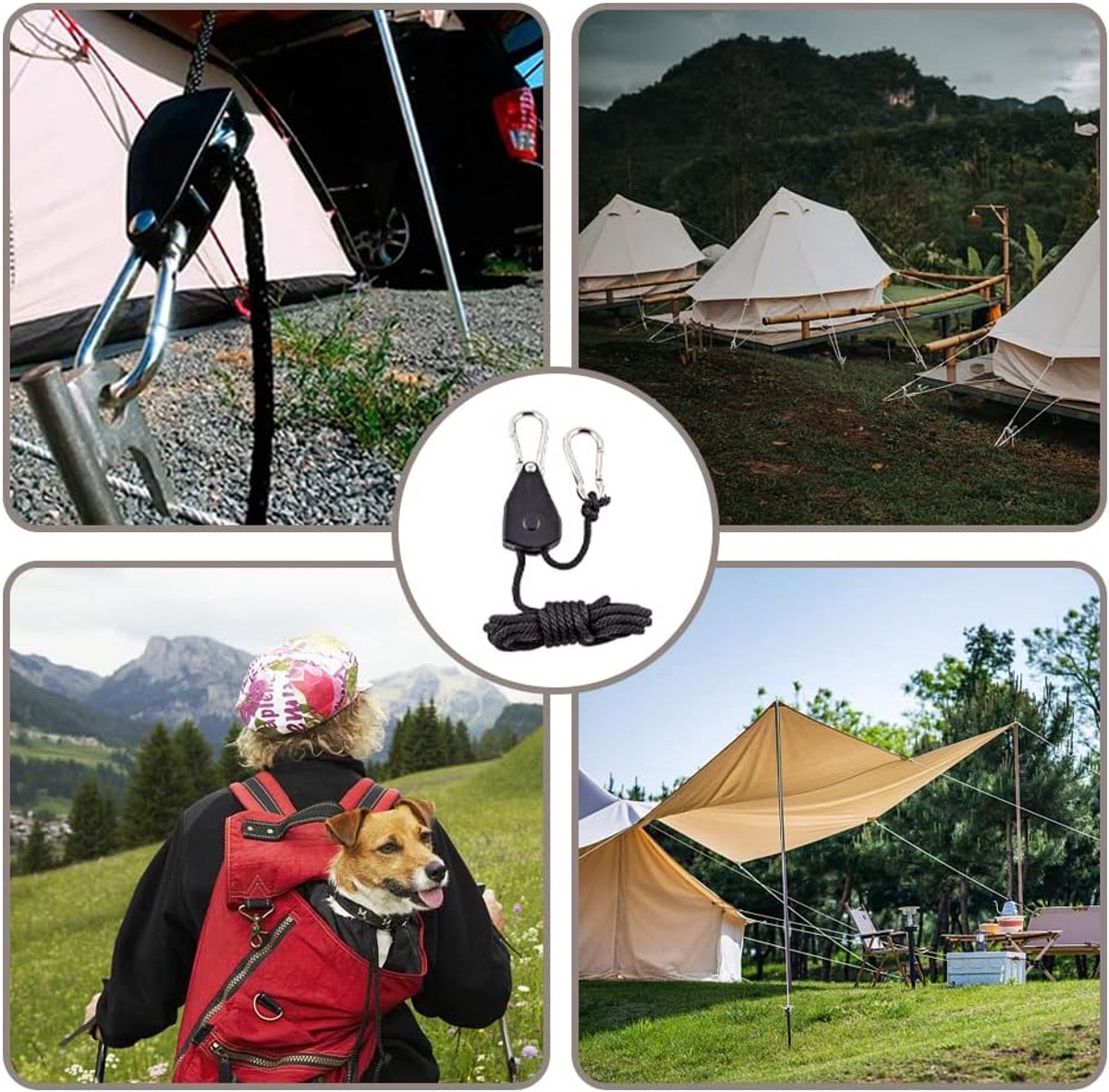 4 pieces - 2m - heavy duty rope hanger - hanger rope - adjustable - plant hanging rope - lamp hanging rope - tent canopy rope stopper buckle - tent guy lines - with pulley - outdoor accessories - for camping and hiking outdoors - black - Image 3