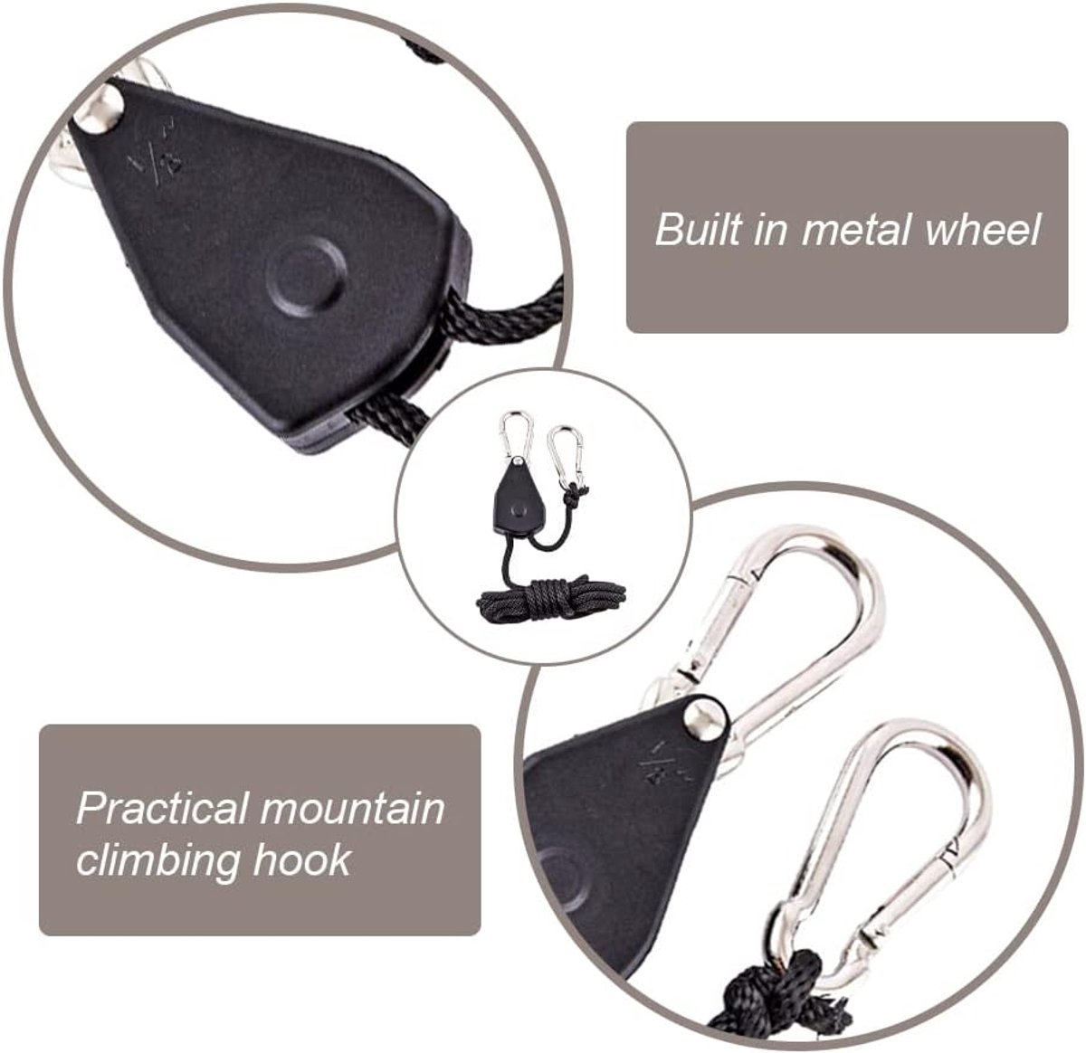 4 pieces - 2m - heavy duty rope hanger - hanger rope - adjustable - plant hanging rope - lamp hanging rope - tent canopy rope stopper buckle - tent guy lines - with pulley - outdoor accessories - for camping and hiking outdoors - black - Image 4