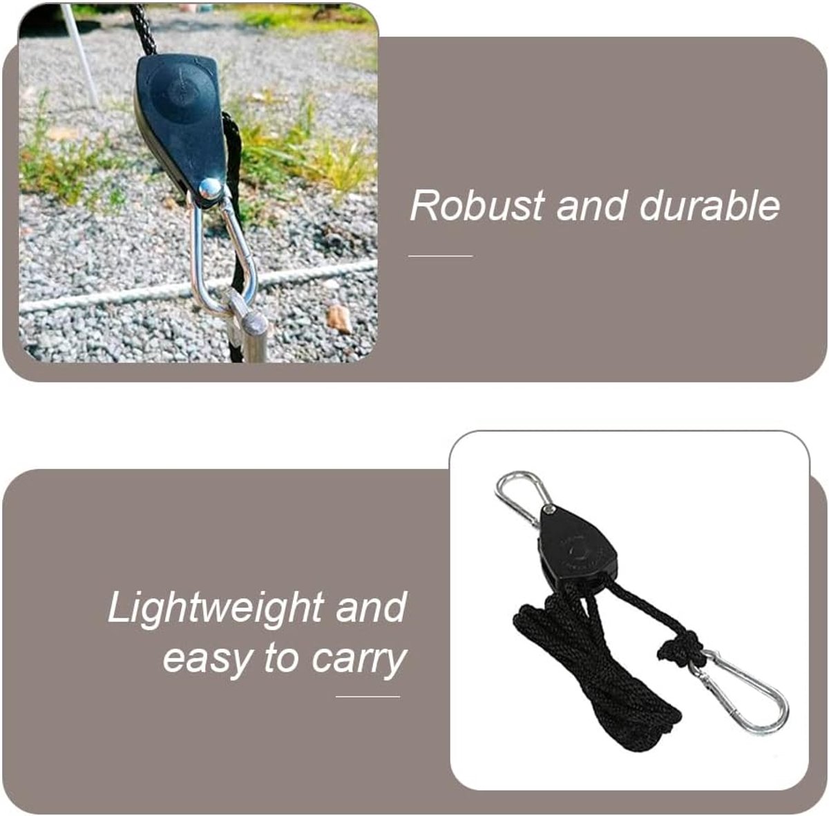 4 pieces - 2m - heavy duty rope hanger - hanger rope - adjustable - plant hanging rope - lamp hanging rope - tent canopy rope stopper buckle - tent guy lines - with pulley - outdoor accessories - for camping and hiking outdoors - black - Image 5