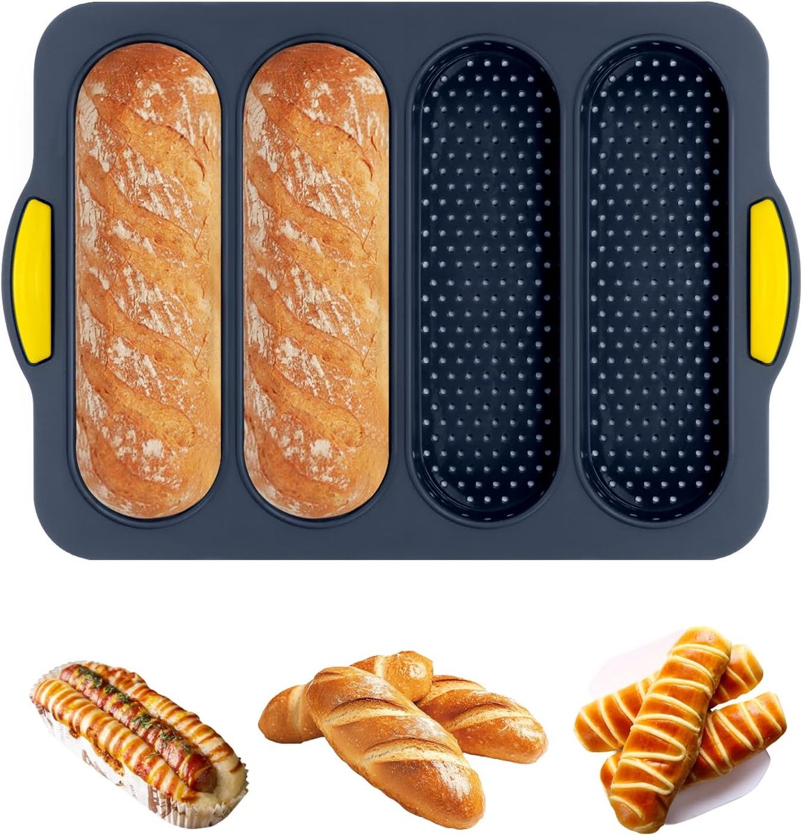 Silicone bread pan - with 4 cavities - non-stick coating - for sourdough bread and heat-resistant baguette pan - bread pans - for homemade bread - silicone baking molds - for hoagie rolls, sandwiches and hot dog buns - 34*24*2.5 cm - grey - Image 1