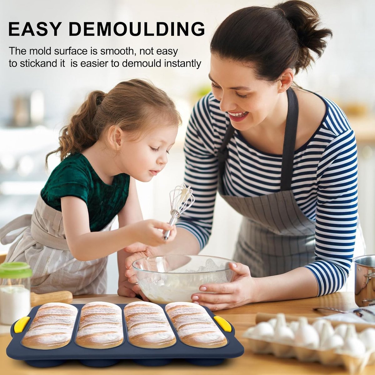 Silicone bread pan - with 4 cavities - non-stick coating - for sourdough bread and heat-resistant baguette pan - bread pans - for homemade bread - silicone baking molds - for hoagie rolls, sandwiches and hot dog buns - 34*24*2.5 cm - grey - Image 2